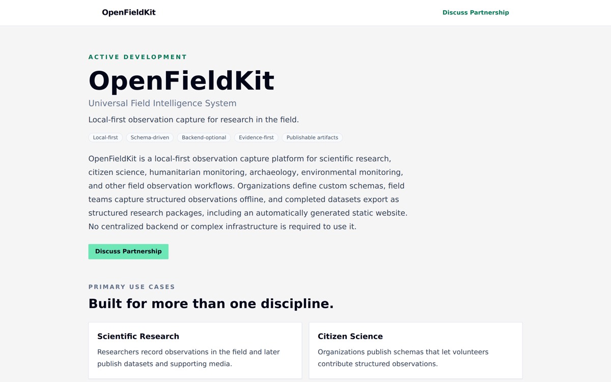 The OpenFieldKit site, describing local-first observation capture for field research.