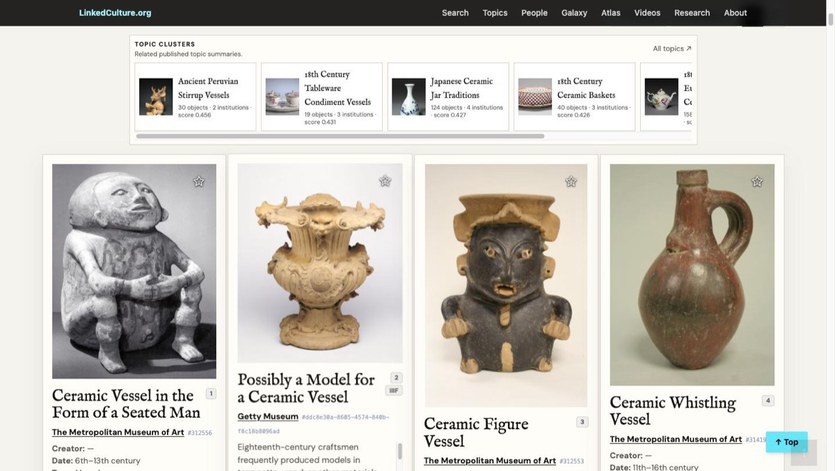 LinkedCulture search results for ceramic vessels, showing topic clusters and object records from the Metropolitan Museum of Art and the Getty Museum side by side.
