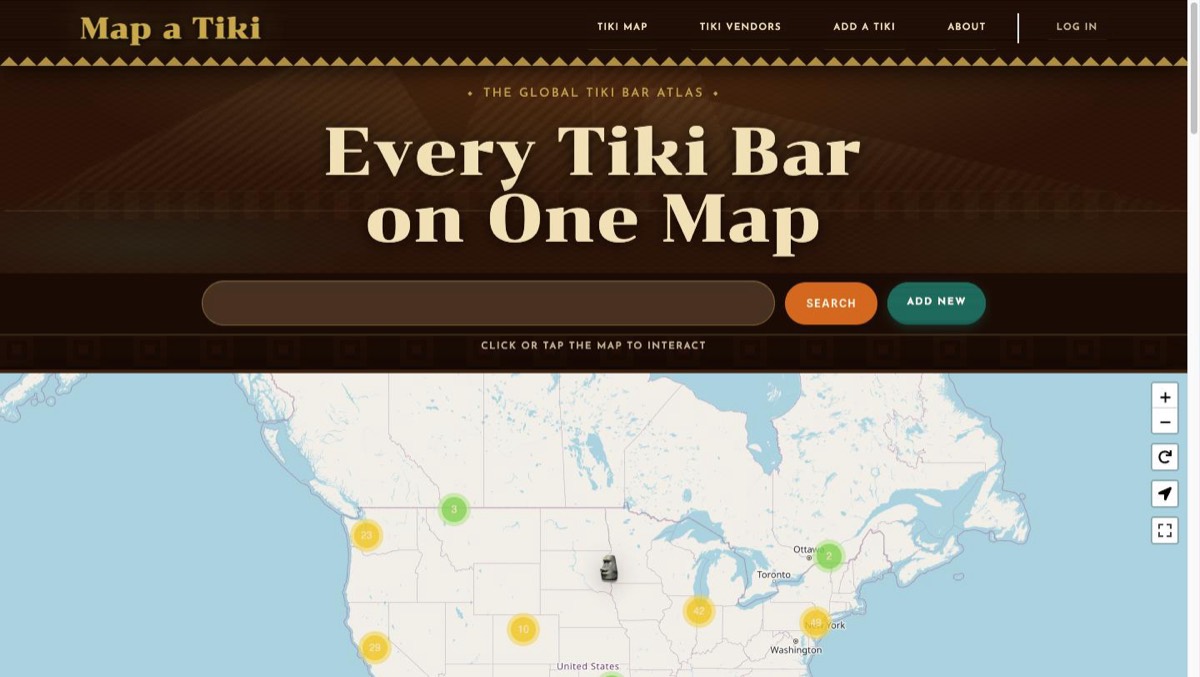 The MapaTiki home page, with its tiki bar atlas map showing clustered location counts across North America.
